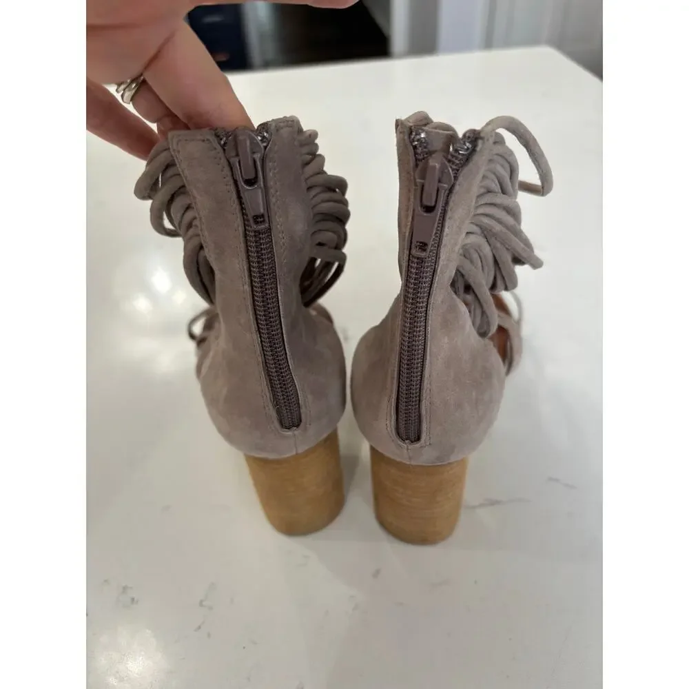 Jeffrey Campbell Despina Taupe Suede heels sz 8 strappy boho w/tassel /zipper